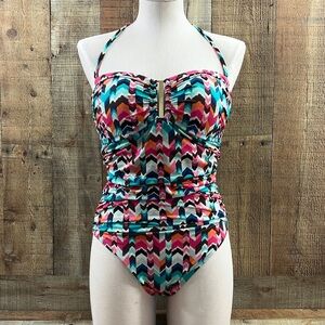 La Blanca Pink Blue Chevron One Piece‎ Bandeau Swimwear Womens 10 Halter
